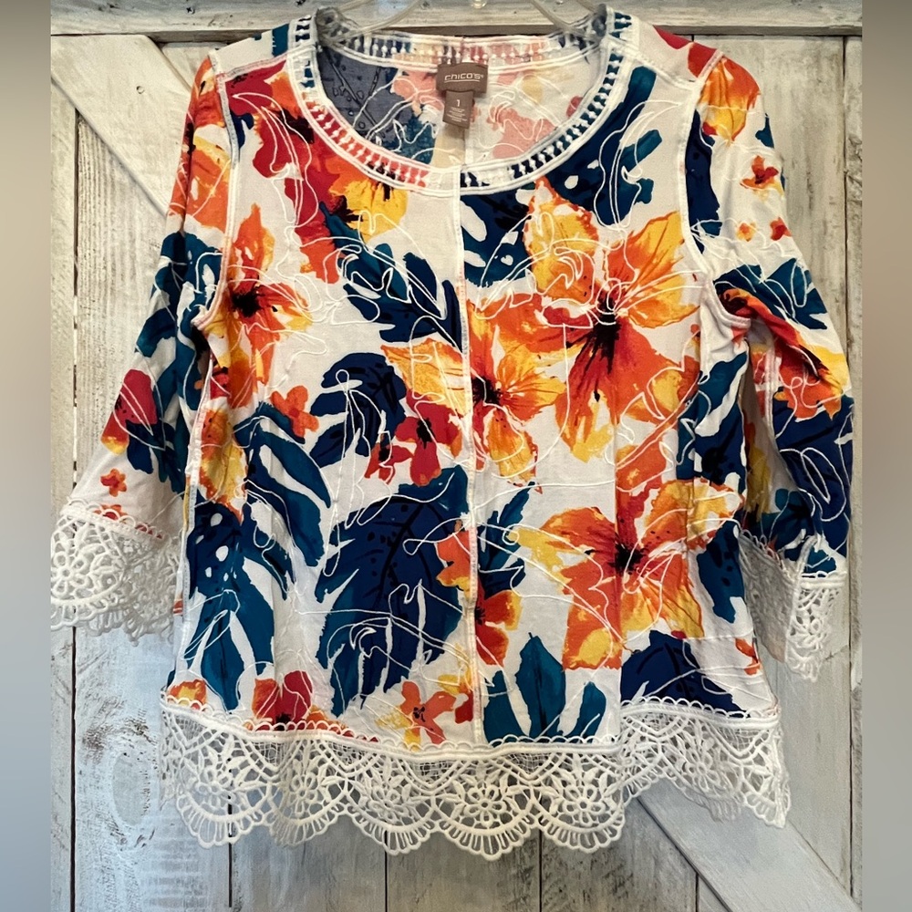 Chico's Women’s Multicolor Floral Embroidered Popover Lace Trimmed Top Size 1